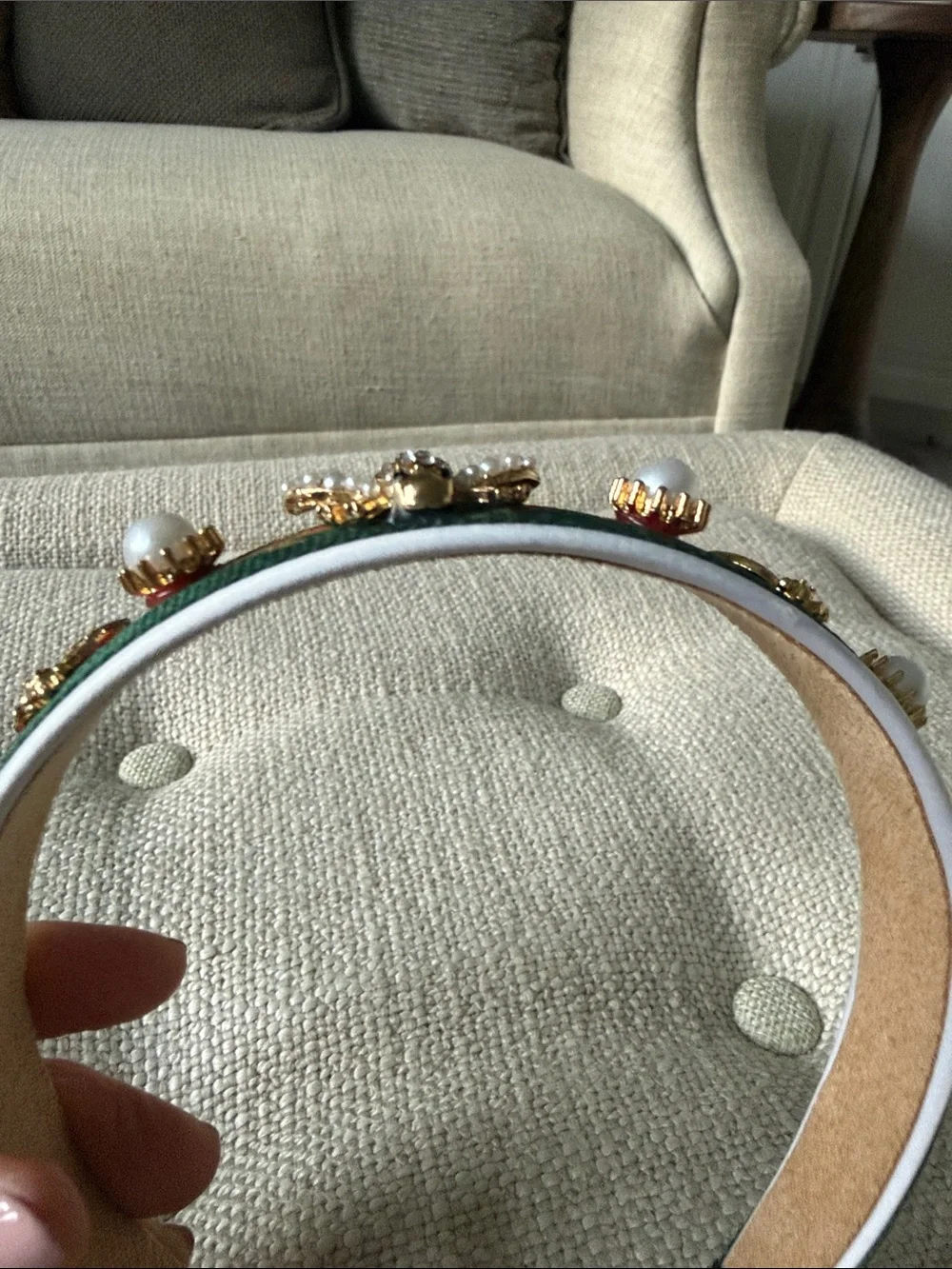 Pearl & Bee Embellished Green and Red Ribbon Headband